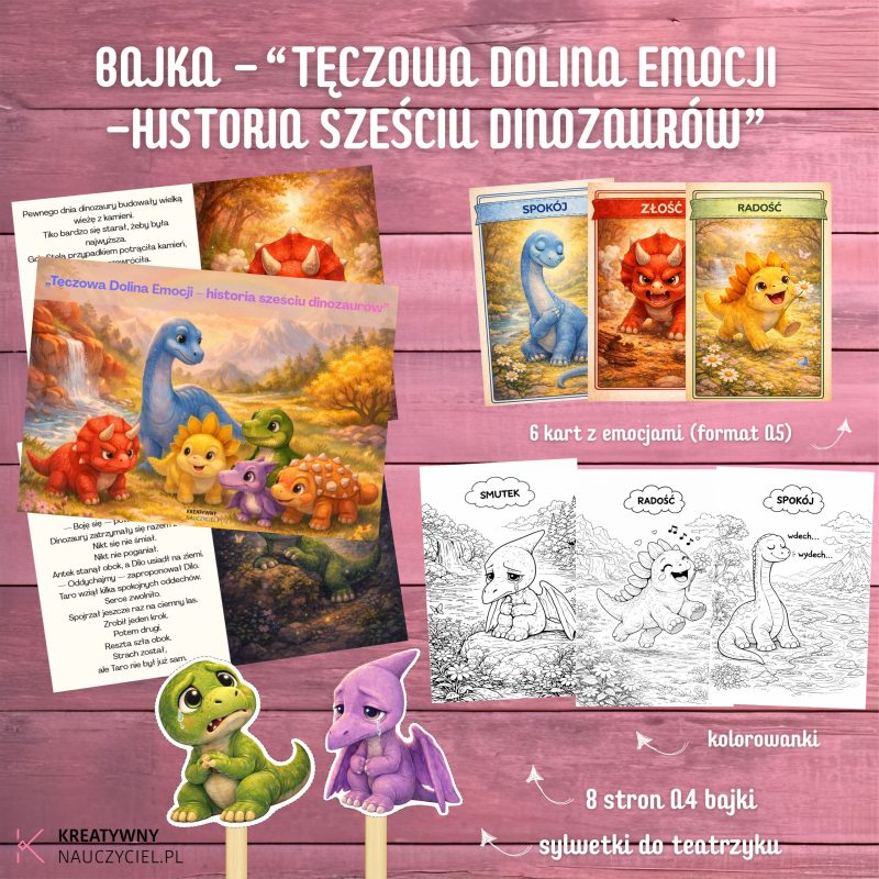 Bajka „Tęczowa Dolina Emocji – historia sześciu dinozaurów”