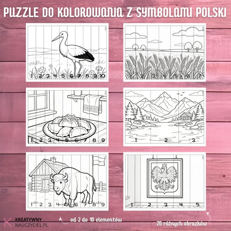 Puzzle do kolorowania z symbolami Polski