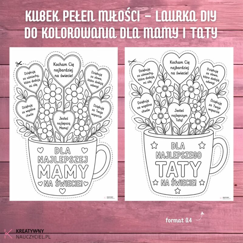 Kubek pełen miłości – laurka DIY do kolorowania dla Mamy i Taty