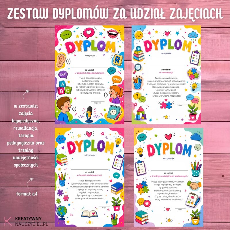 Zestaw dyplomów za udział w zajęciach