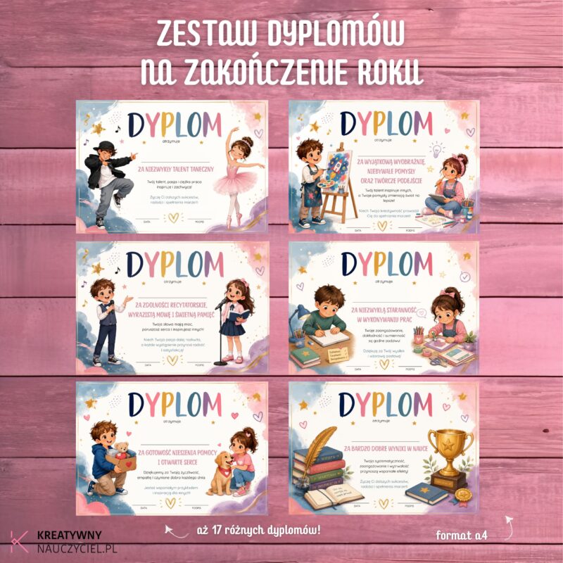 Zestaw dyplomów na zakończenie roku